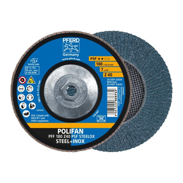 Pferd 7" x 5/8-11 Thd. POLIFAN® Flap Disc - Z PSF STEELOX, Zirconia, 40 Grit, Flat 62043